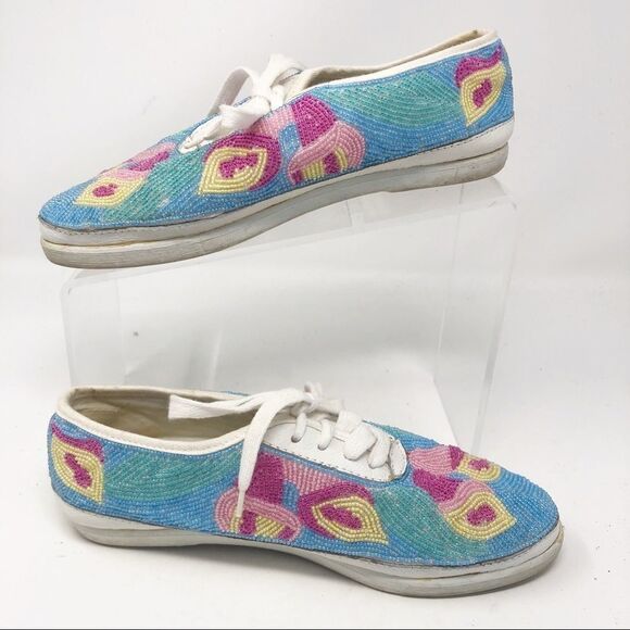 VINTAGE Beadz Beaded Lace Up Sneakers Pastels 7.5 - Picture 2 of 11